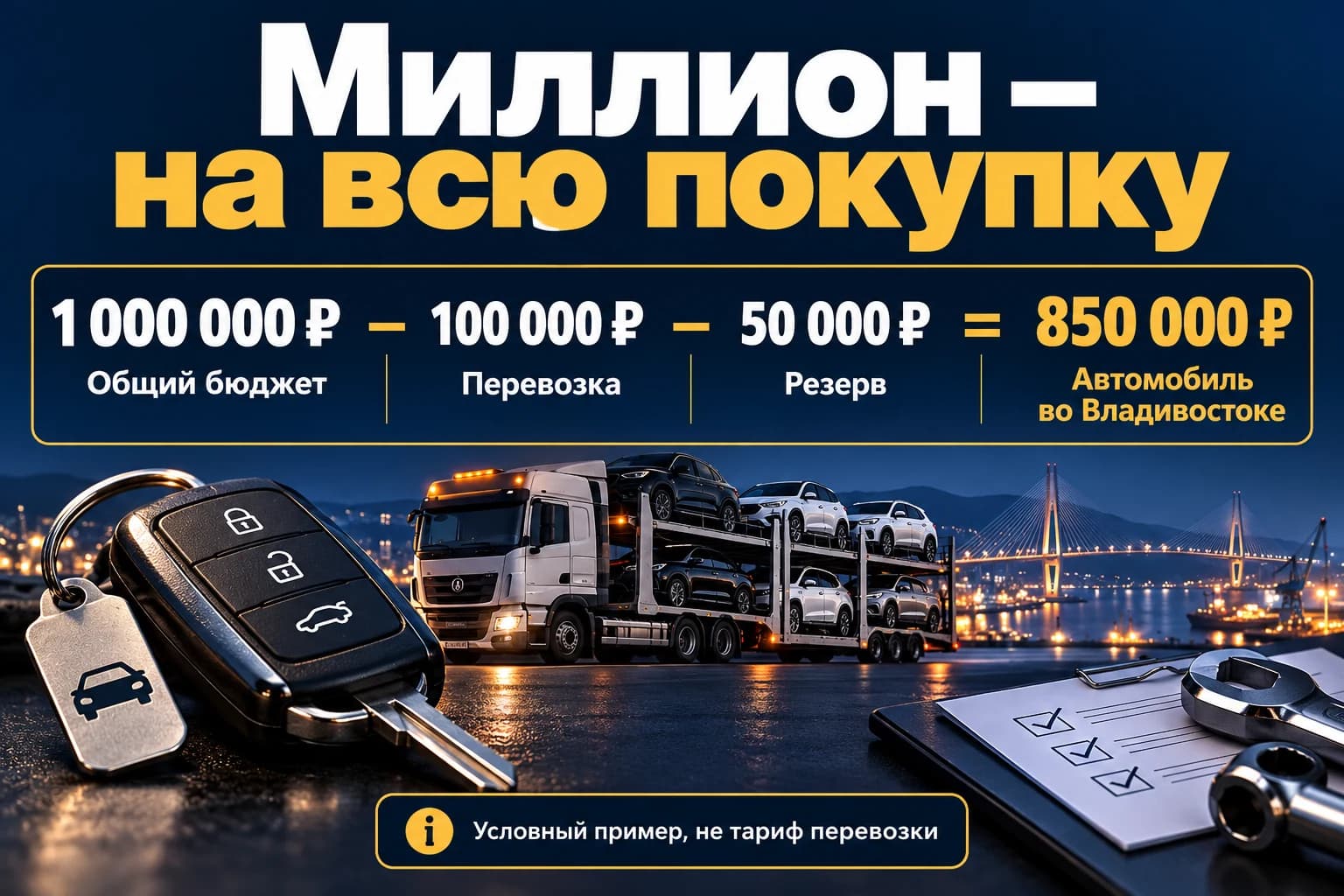 Условный бюджет: из миллиона после перевозки и резерва остаётся 850 тысяч на автомобиль во Владивостоке