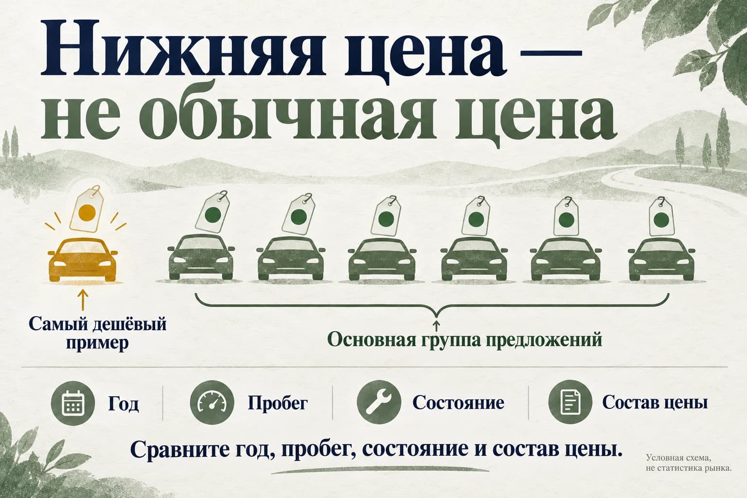 Самая низкая цена отдельного объявления не равна типичной цене модели