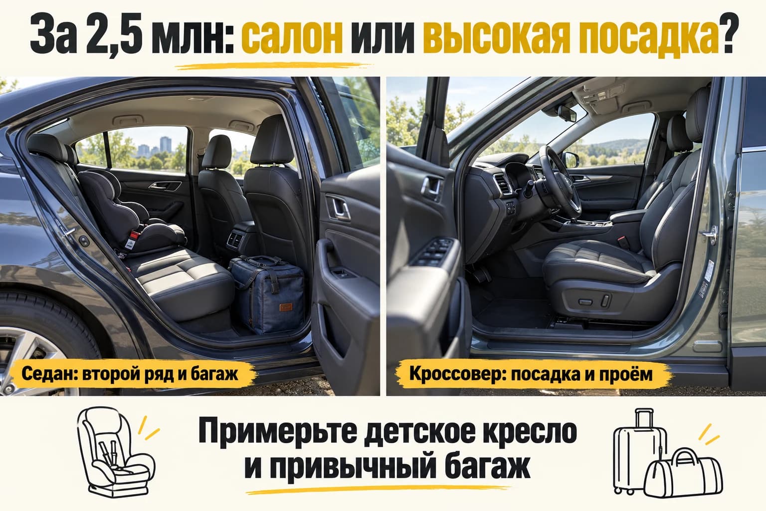 Сравнение бытовых задач седана и кроссовера: второй ряд, багаж и посадка