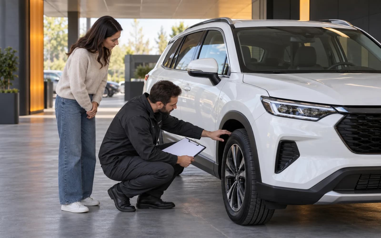 Осмотр колеса и кузова автомобиля при выдаче владельцу