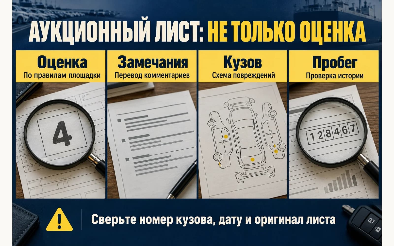 Четыре части проверки японского аукционного листа: оценка, замечания, кузов и пробег