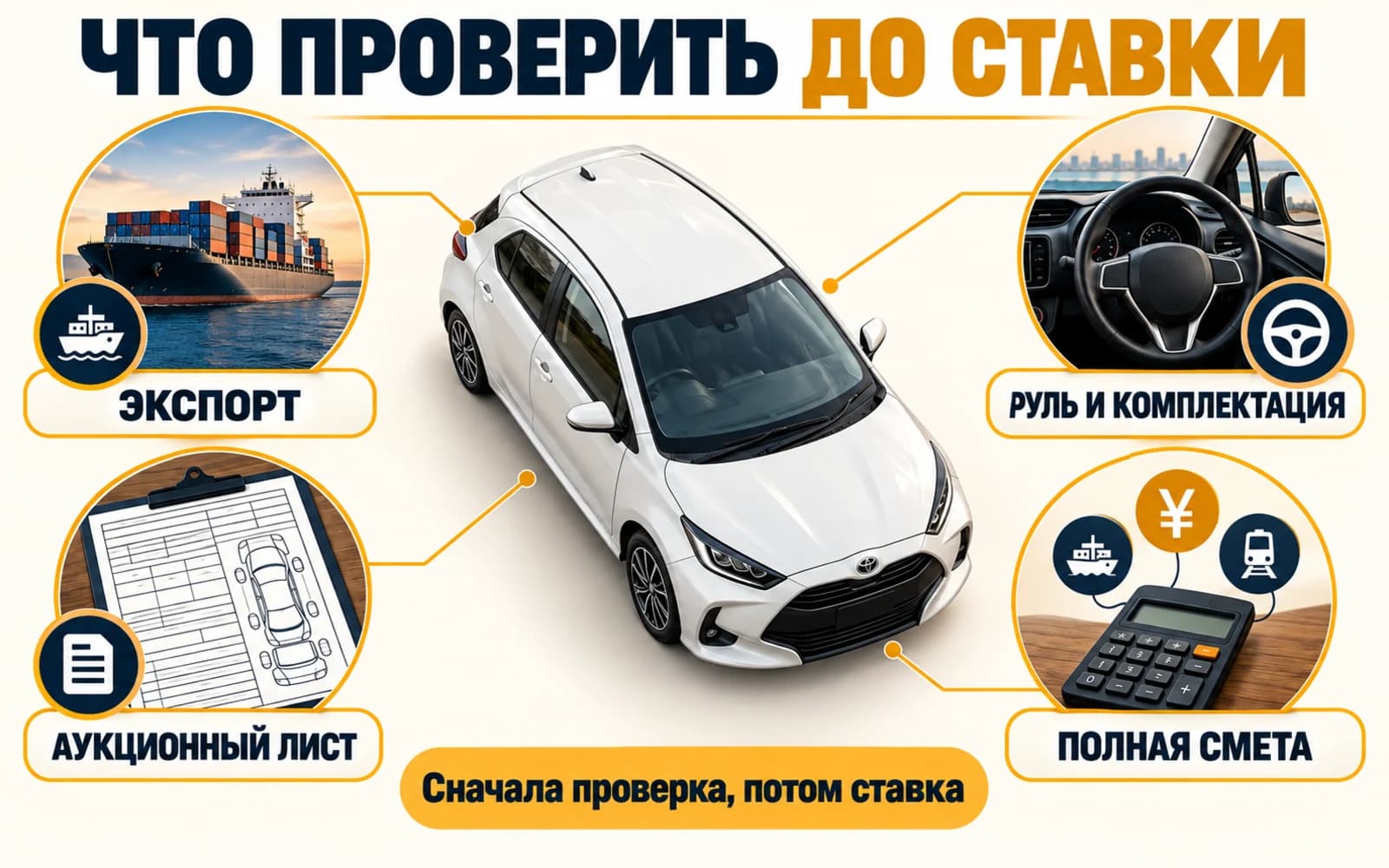 Инфографика с четырьмя проверками японского автомобиля до ставки