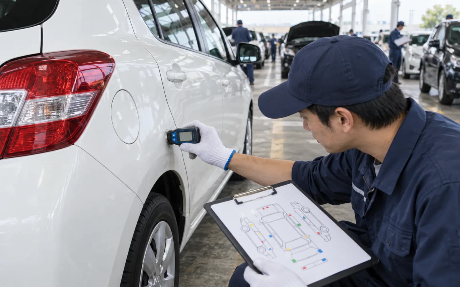 Инспектор измеряет лакокрасочное покрытие японского автомобиля
