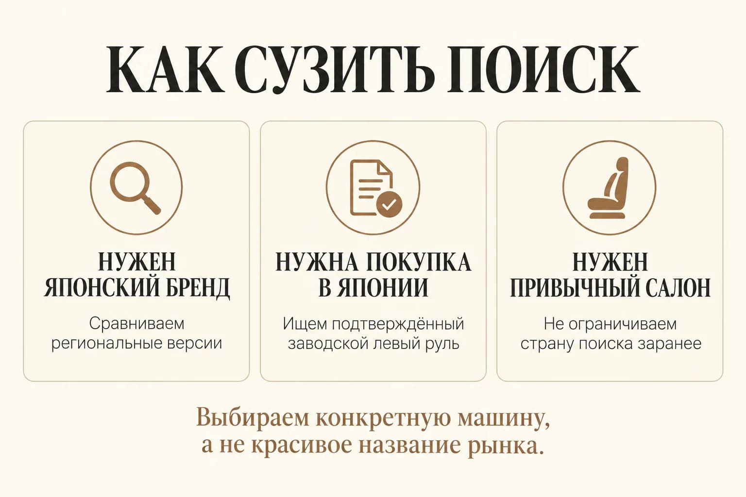 Три сценария поиска: японский бренд, покупка именно в Японии или привычный леворульный салон независимо от страны