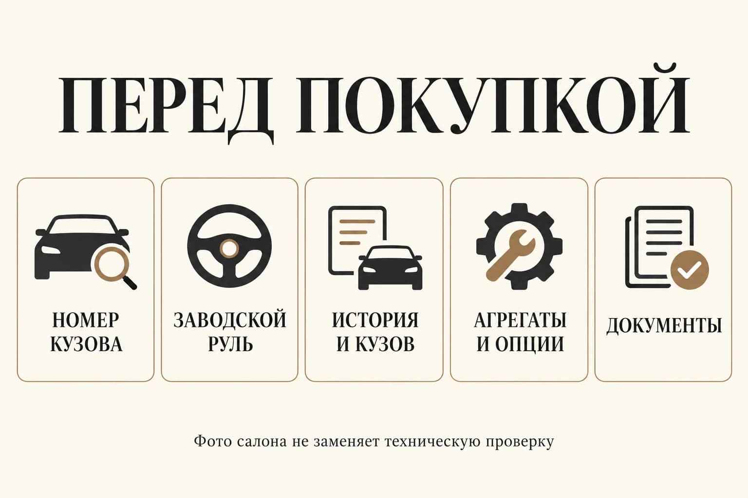 Проверка идентификатора, заводского руля, истории, агрегатов, опций и документов автомобиля