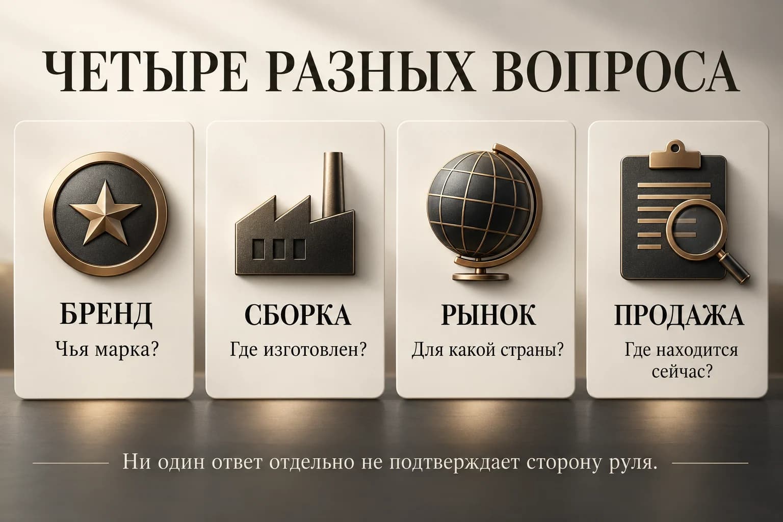 Четыре независимых признака автомобиля: бренд, сборка, рынок и текущее место продажи