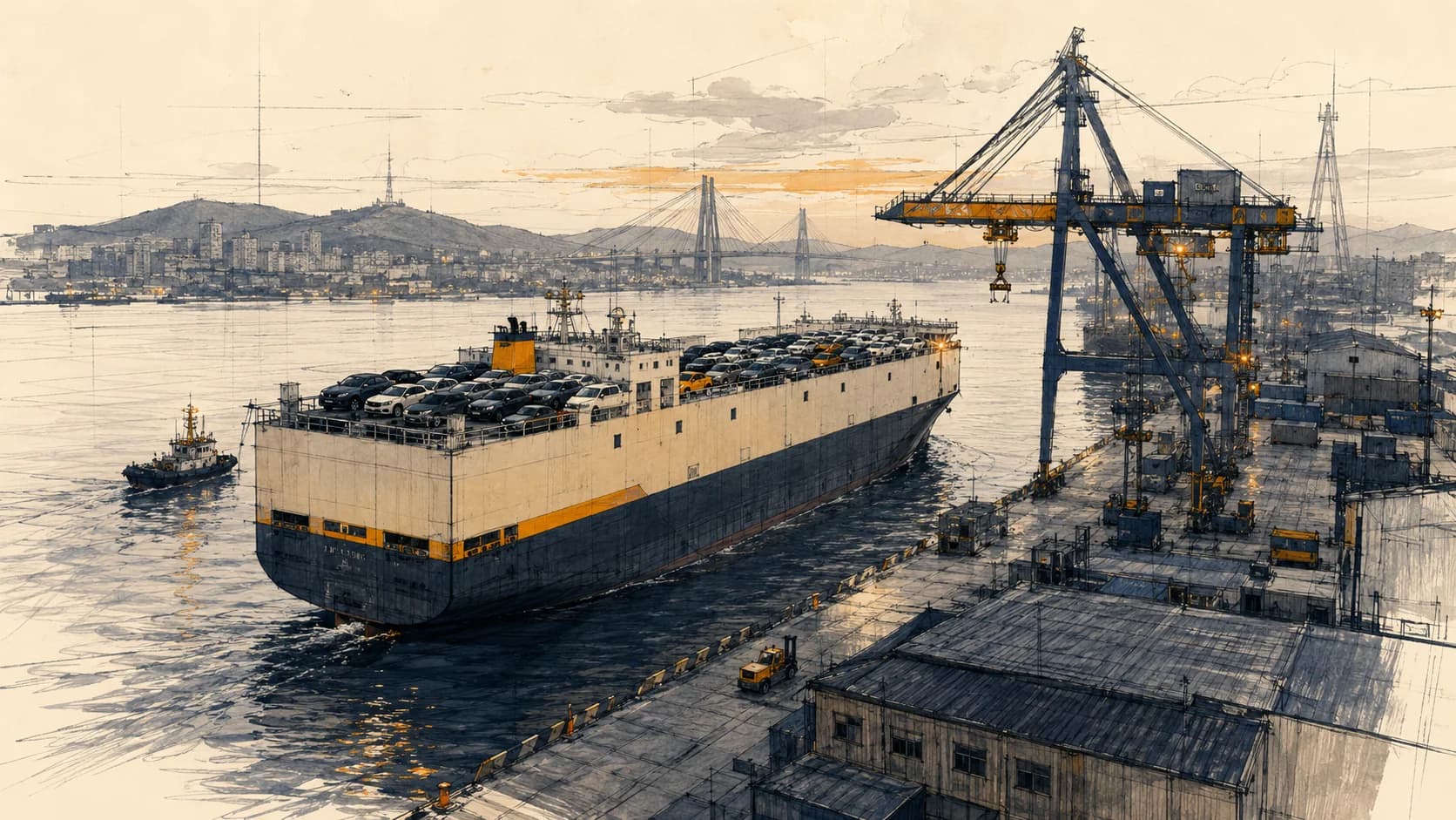 Морская доставка авто во Владивосток: автовоз с машинами заходит в порт