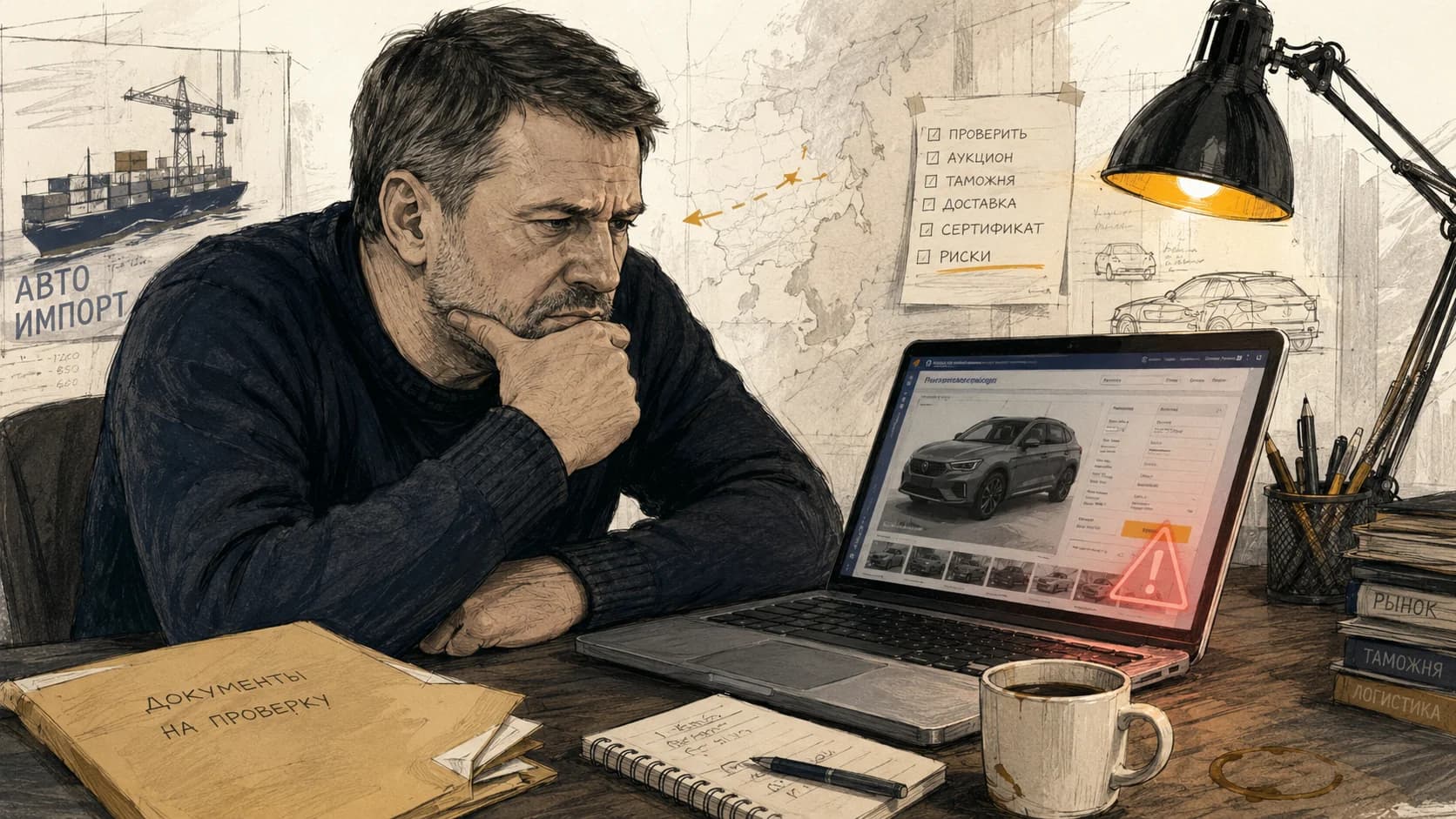 Покупатель скептически изучает объявление о продаже авто на ноутбуке, проверка перед заказом
