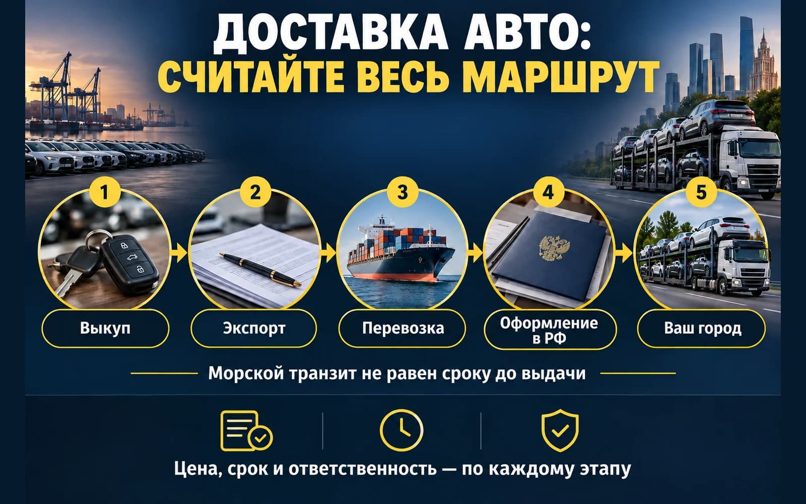 Пять этапов доставки автомобиля от выкупа и экспорта до российского оформления и города покупателя