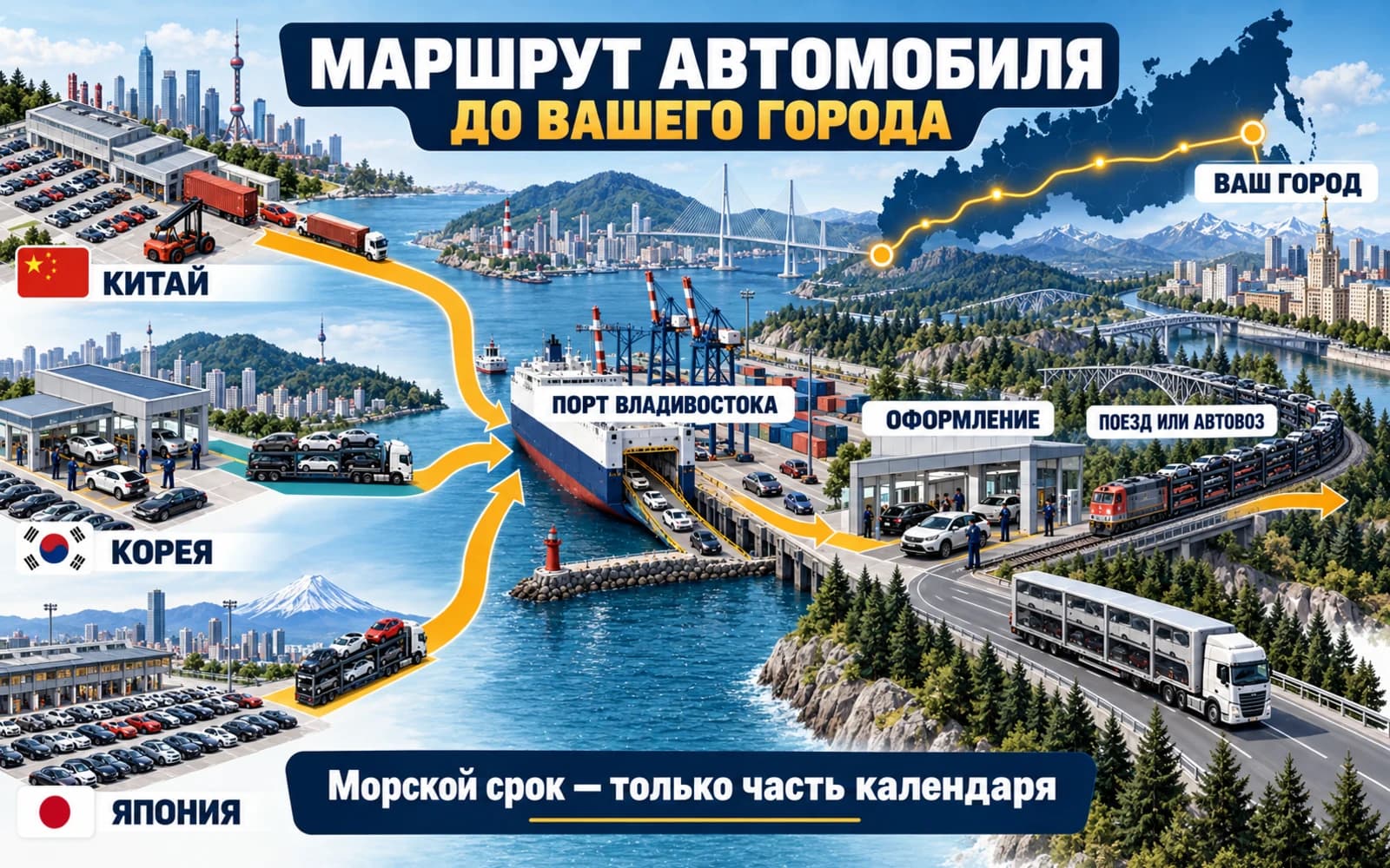 Русская карта доставки автомобилей из Китая, Кореи и Японии через Владивосток