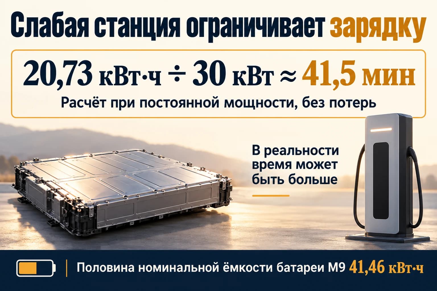 Расчёт передачи 20,73 кВт·ч при постоянных 30 кВт: около 41,5 минуты без потерь