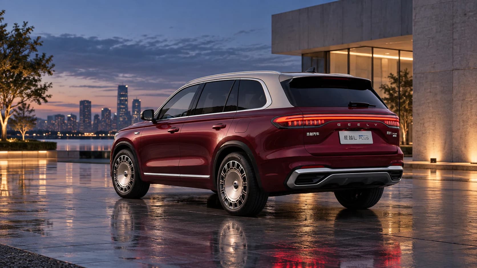Двухцветный Geely Monjaro Plus сзади с непрерывной полосой фонарей