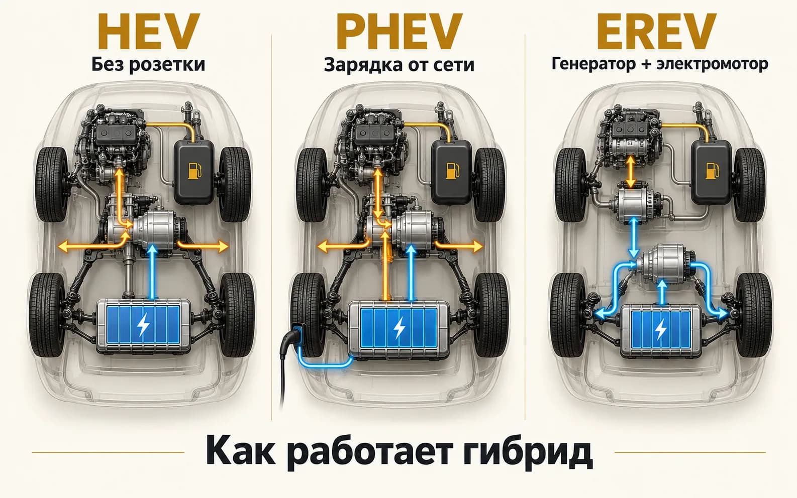 Схема различий между HEV, PHEV и EREV с кириллическими подписями