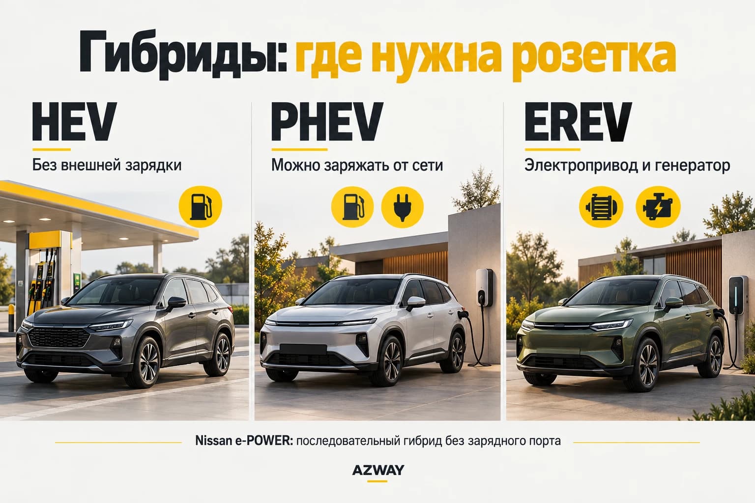 HEV без внешней зарядки, PHEV с зарядным портом и EREV с генератором