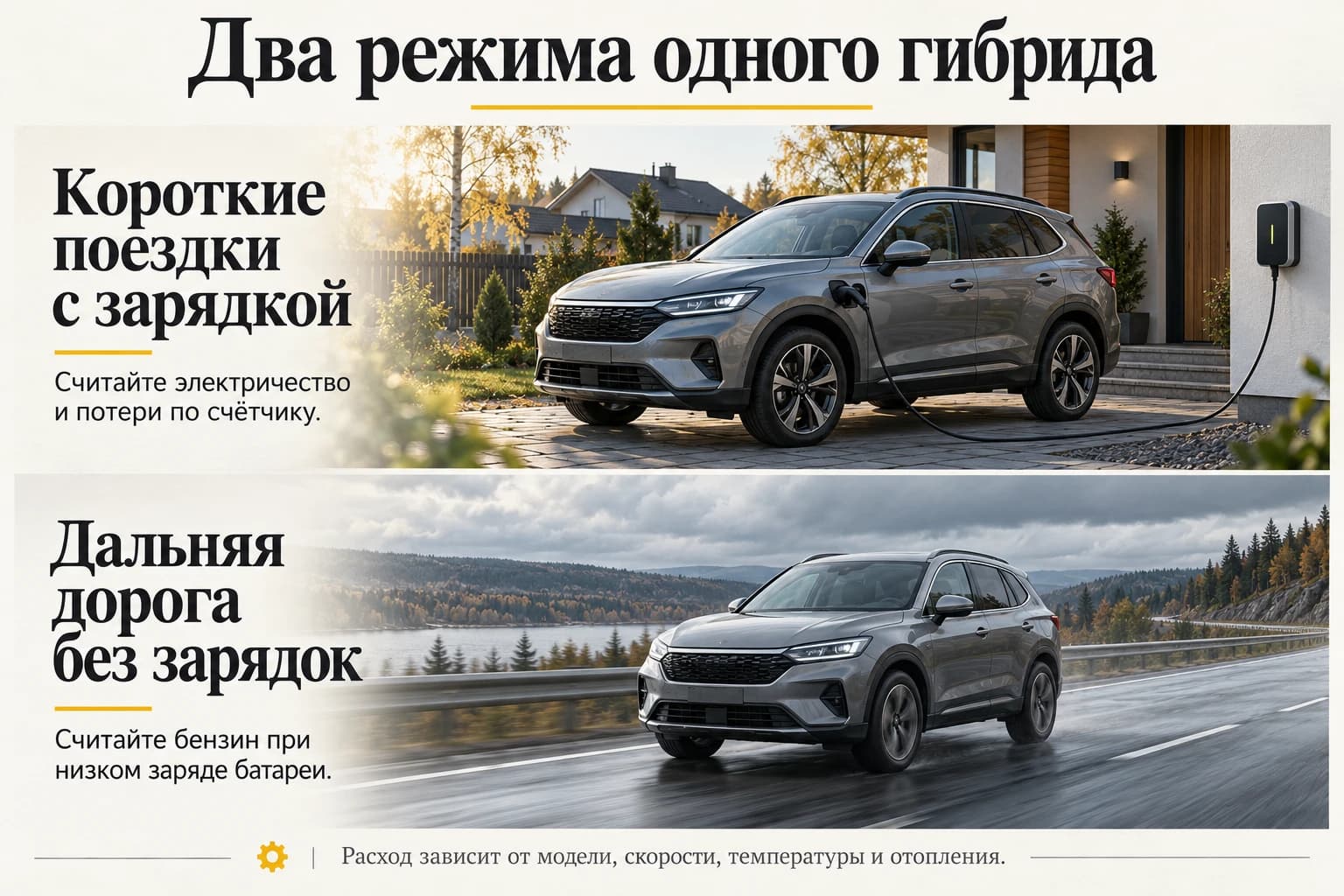Расчёт поездок гибрида с регулярной зарядкой и на трассе при низком заряде