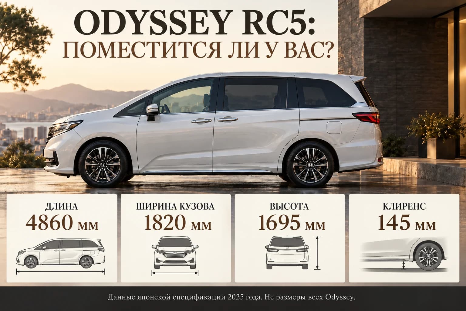 Размеры японской Odyssey RC5: 4860 мм длина, 1820 мм ширина, 1695 мм высота, 145 мм клиренс