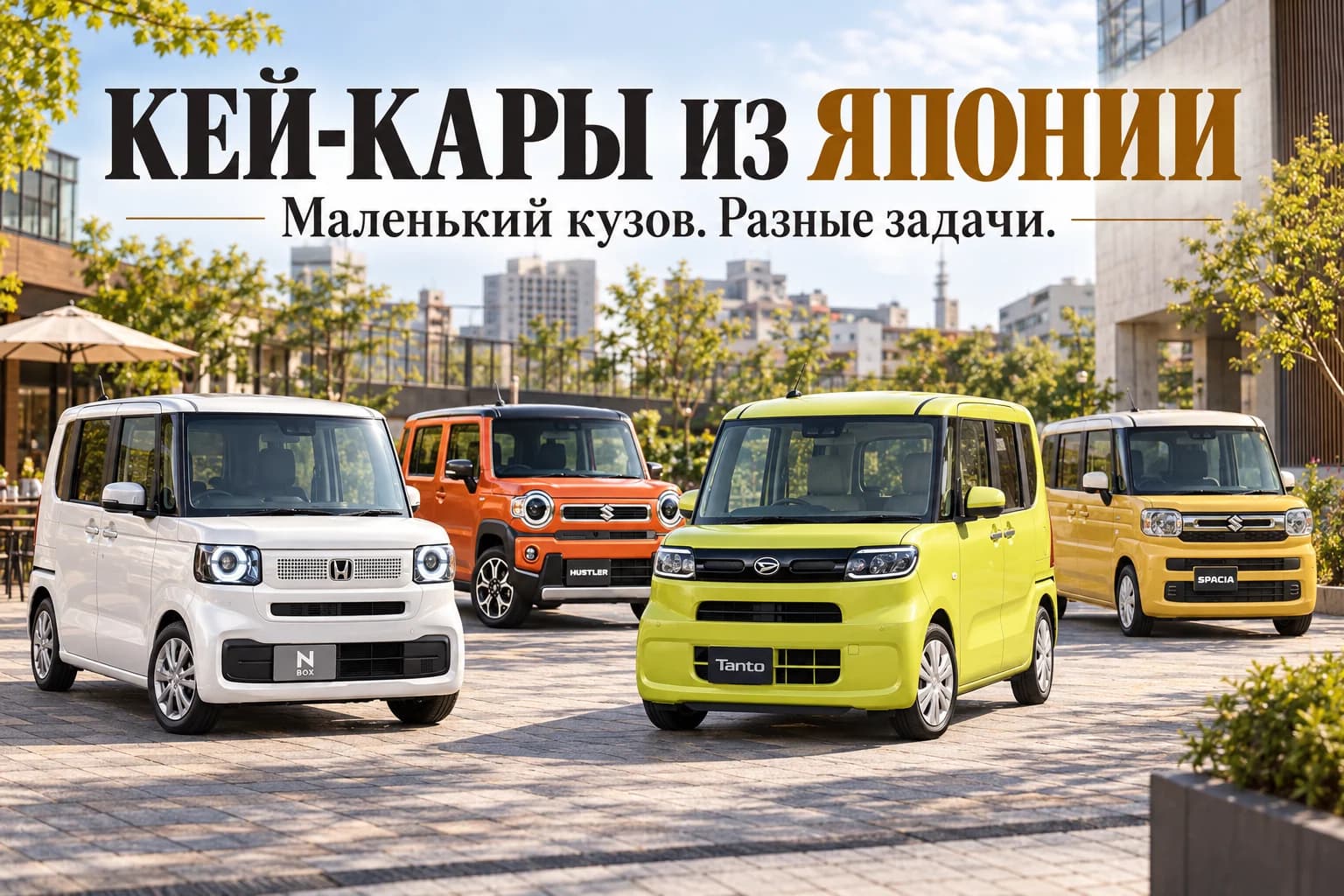 Honda N-BOX, Daihatsu Tanto, Suzuki Hustler и Suzuki Spacia с заводскими эмблемами