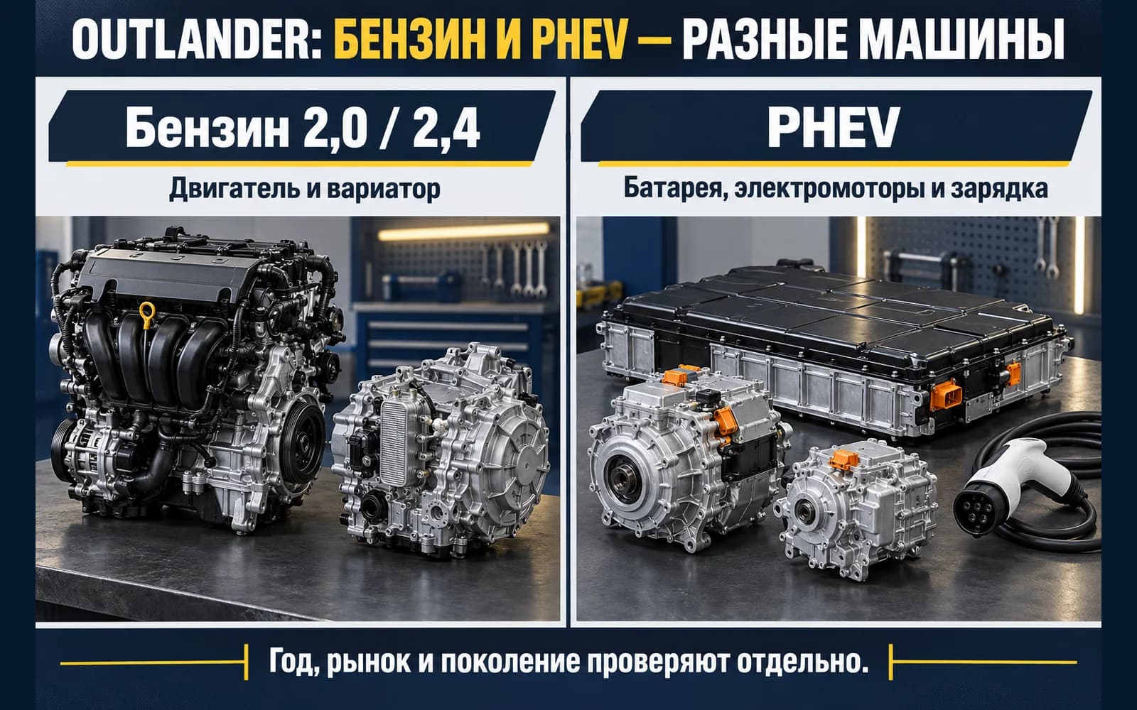 Различие бензинового Outlander с вариатором и PHEV с батареей и электромоторами