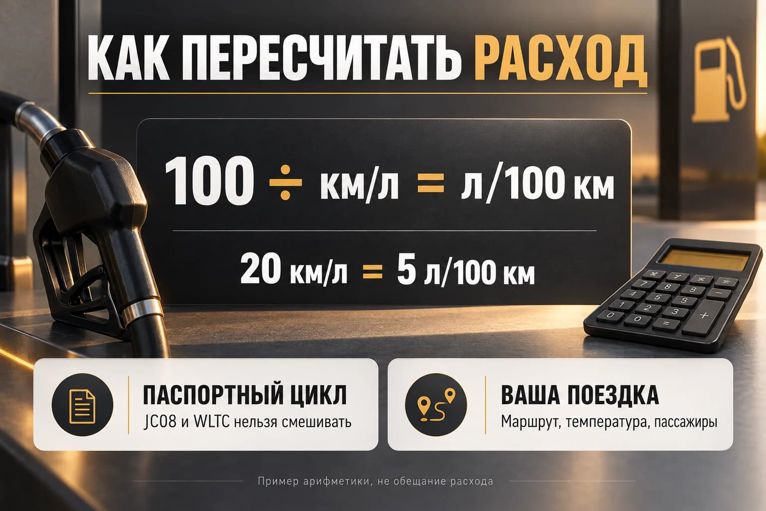 Формула пересчёта километров на литр в литры на 100 км