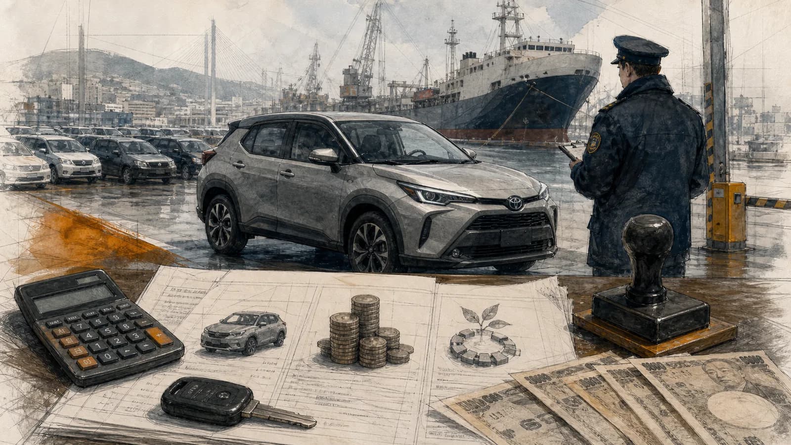 Автомобиль из Японии на таможенном терминале и схема расходов на оформление
