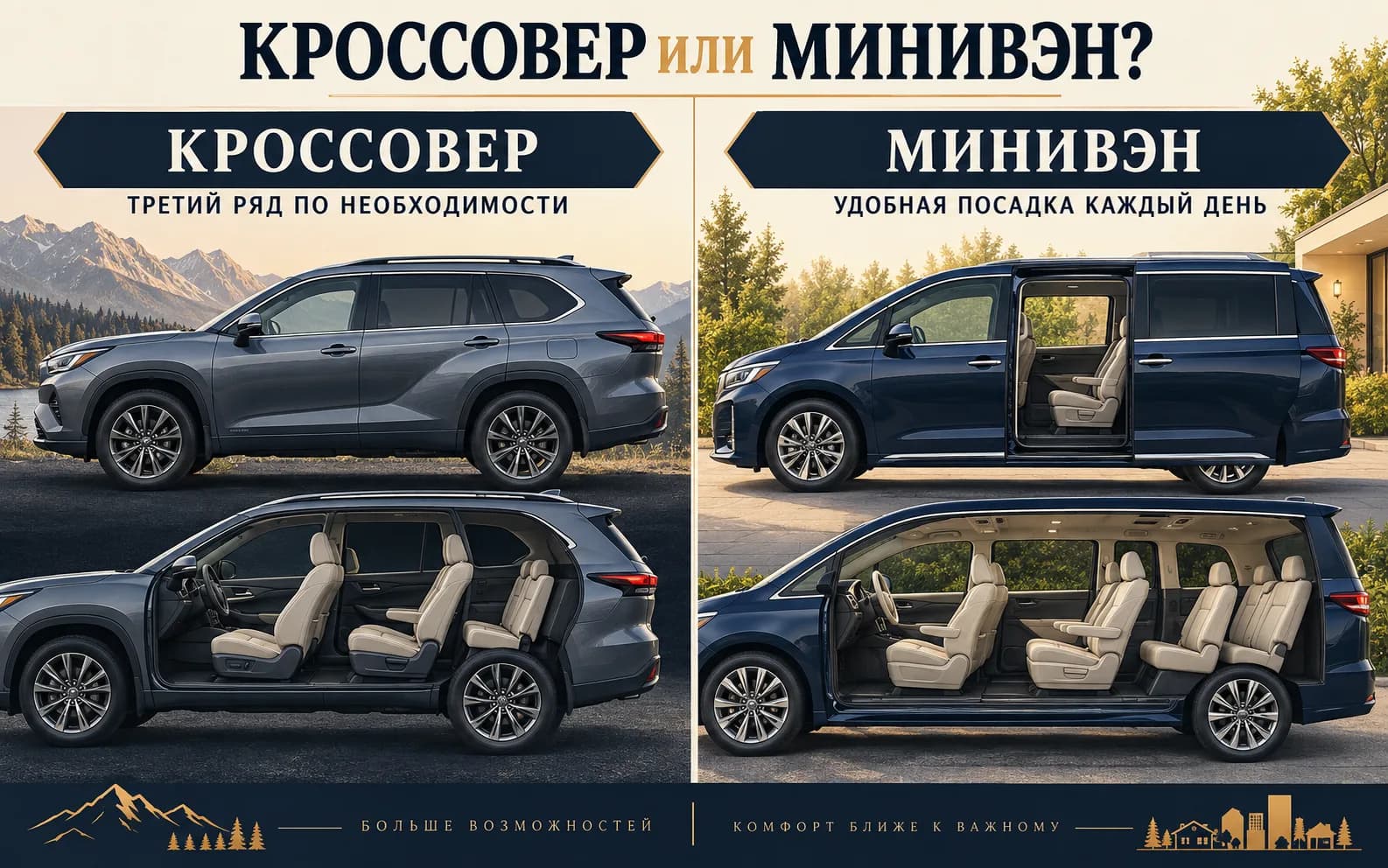 Сравнение семейного кроссовера с третьим рядом и минивэна со сдвижными дверями