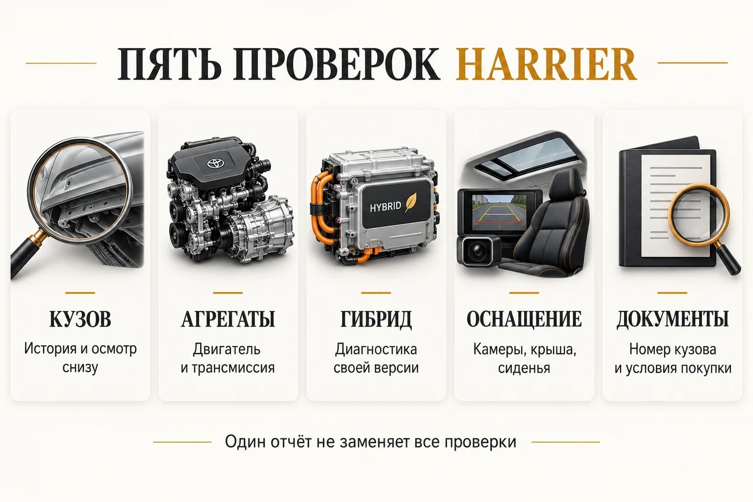 Пять блоков проверки Harrier: кузов, агрегаты, гибрид, оснащение и документы