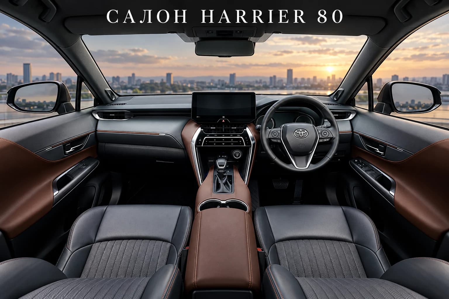 Праворульный салон Toyota Harrier 80: центральная консоль, экран и водительское место