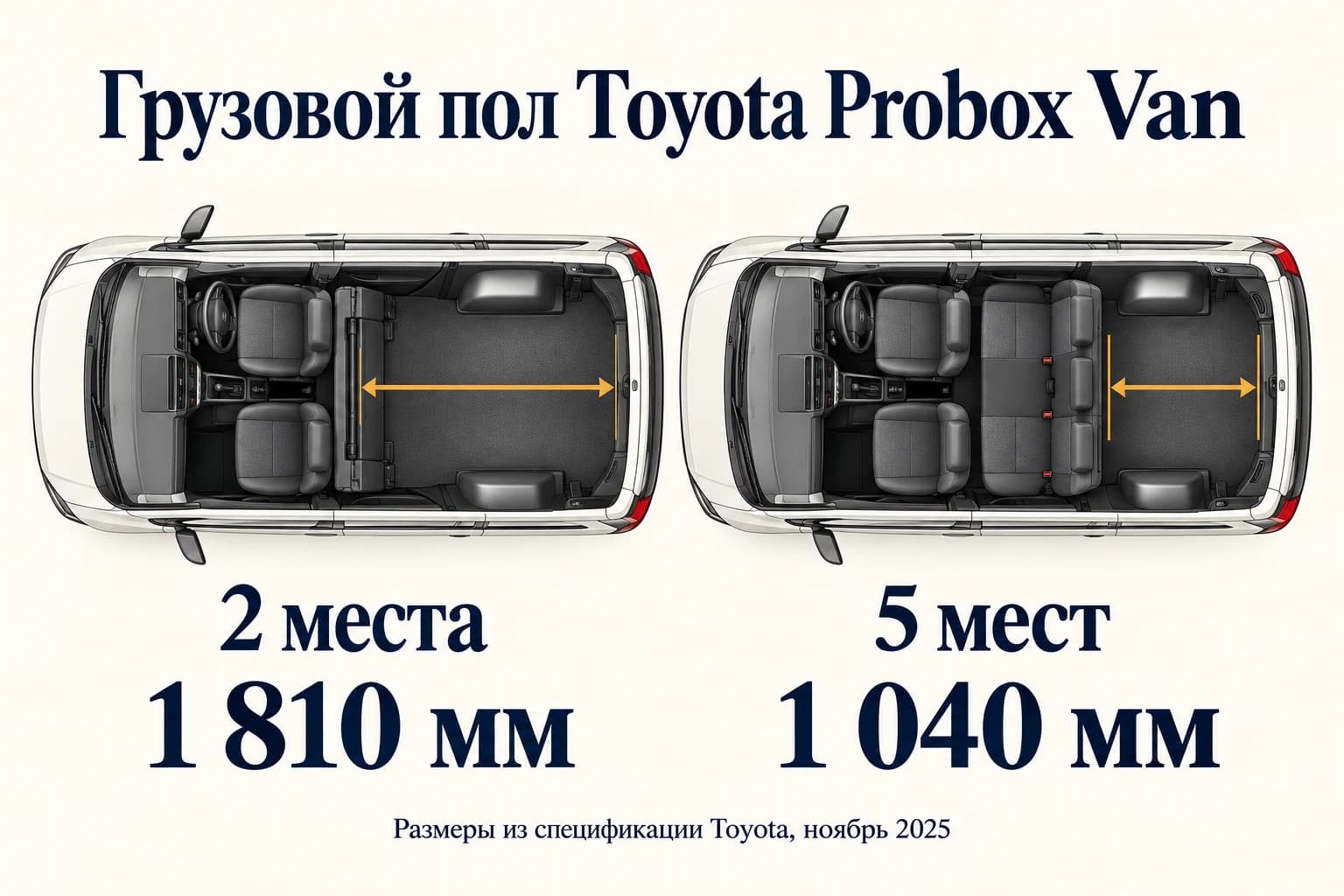 Грузовой пол Probox Van по каталогу ноября 2025: 1810 мм при двух местах, 1040 мм при пяти