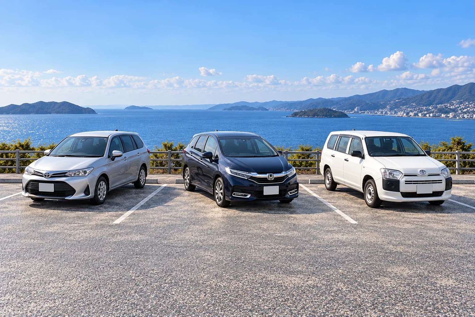 Toyota Corolla Fielder E160, Honda Shuttle и Toyota Probox Van на приморской парковке