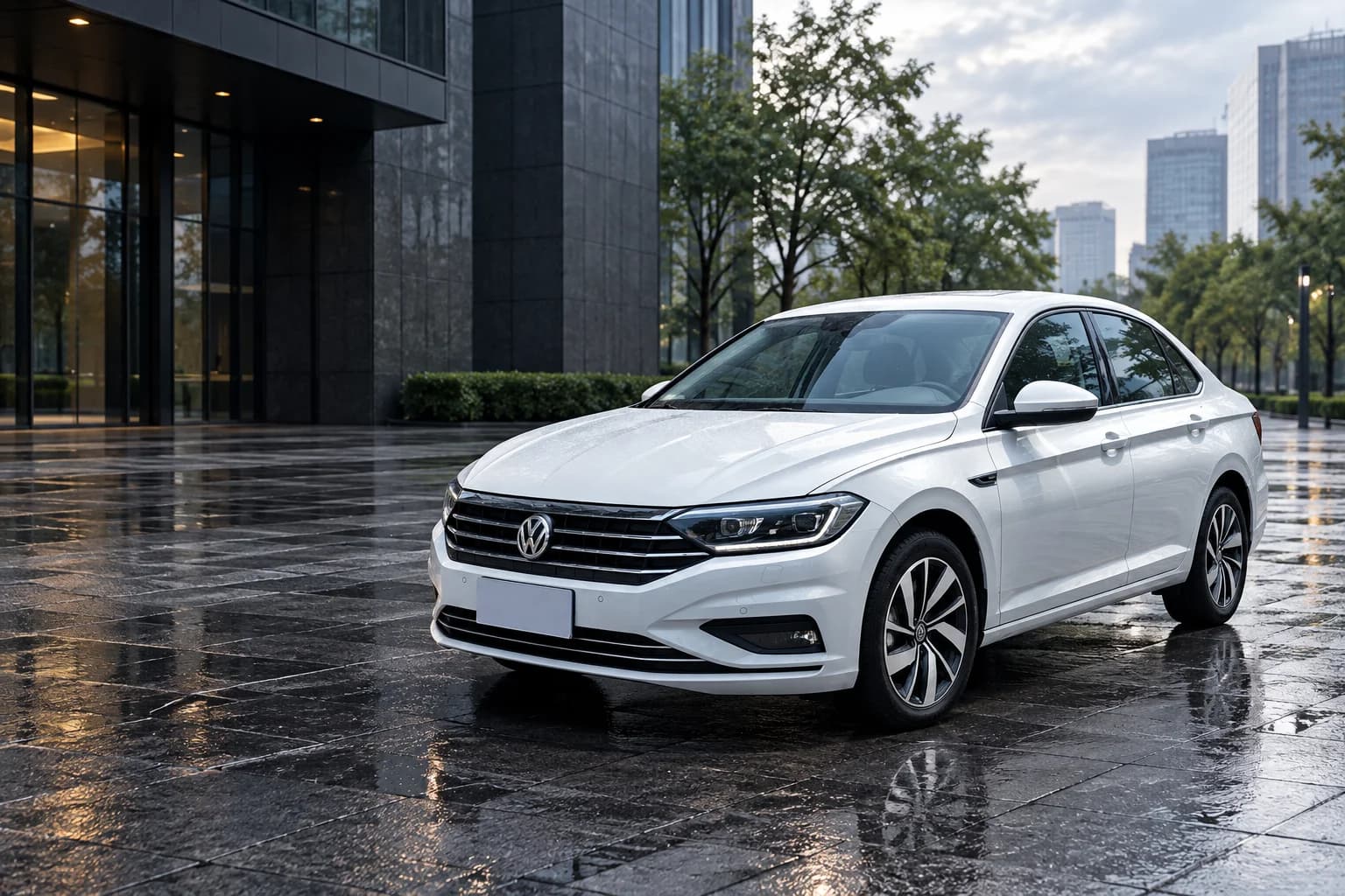 Белый Volkswagen Sagitar третьего поколения до рестайлинга на городской площади