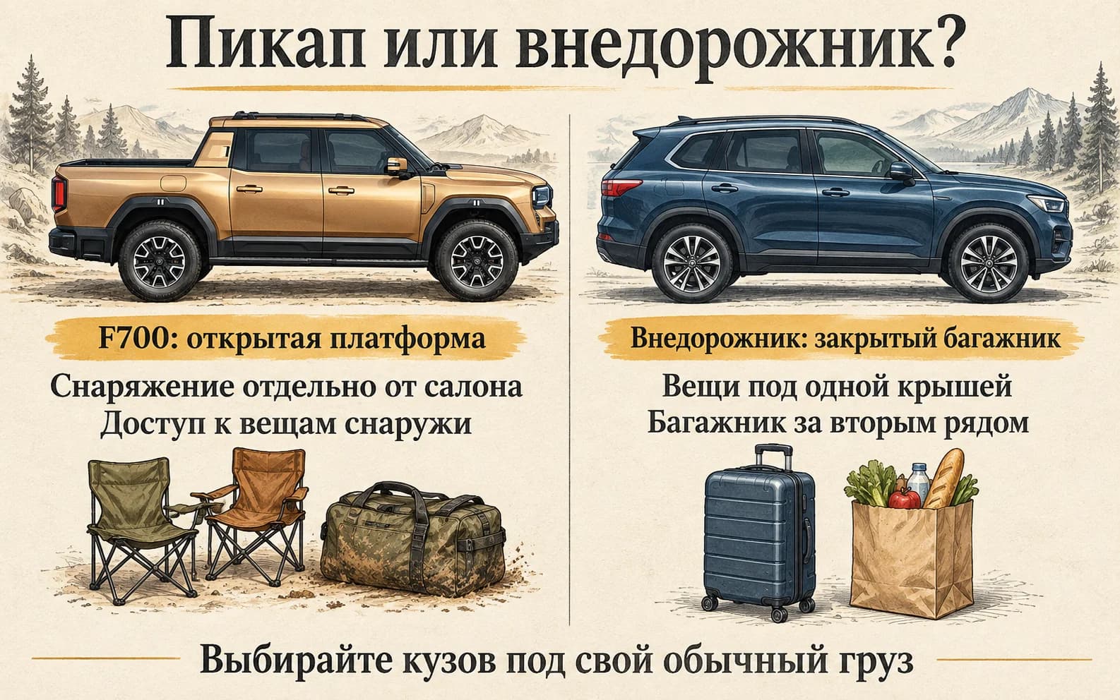 Пикап F700 с отдельной грузовой платформой и условный внедорожник с закрытым багажником: различия в размещении вещей