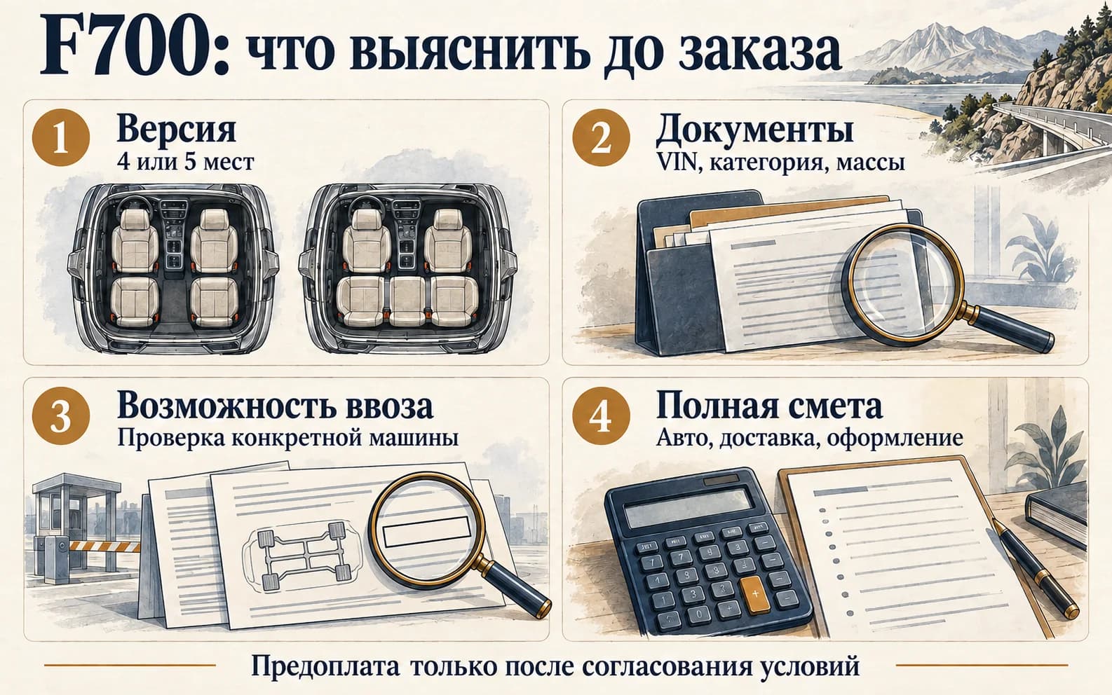 Четыре этапа проверки F700 перед заказом: версия, документы, возможность ввоза и полная смета
