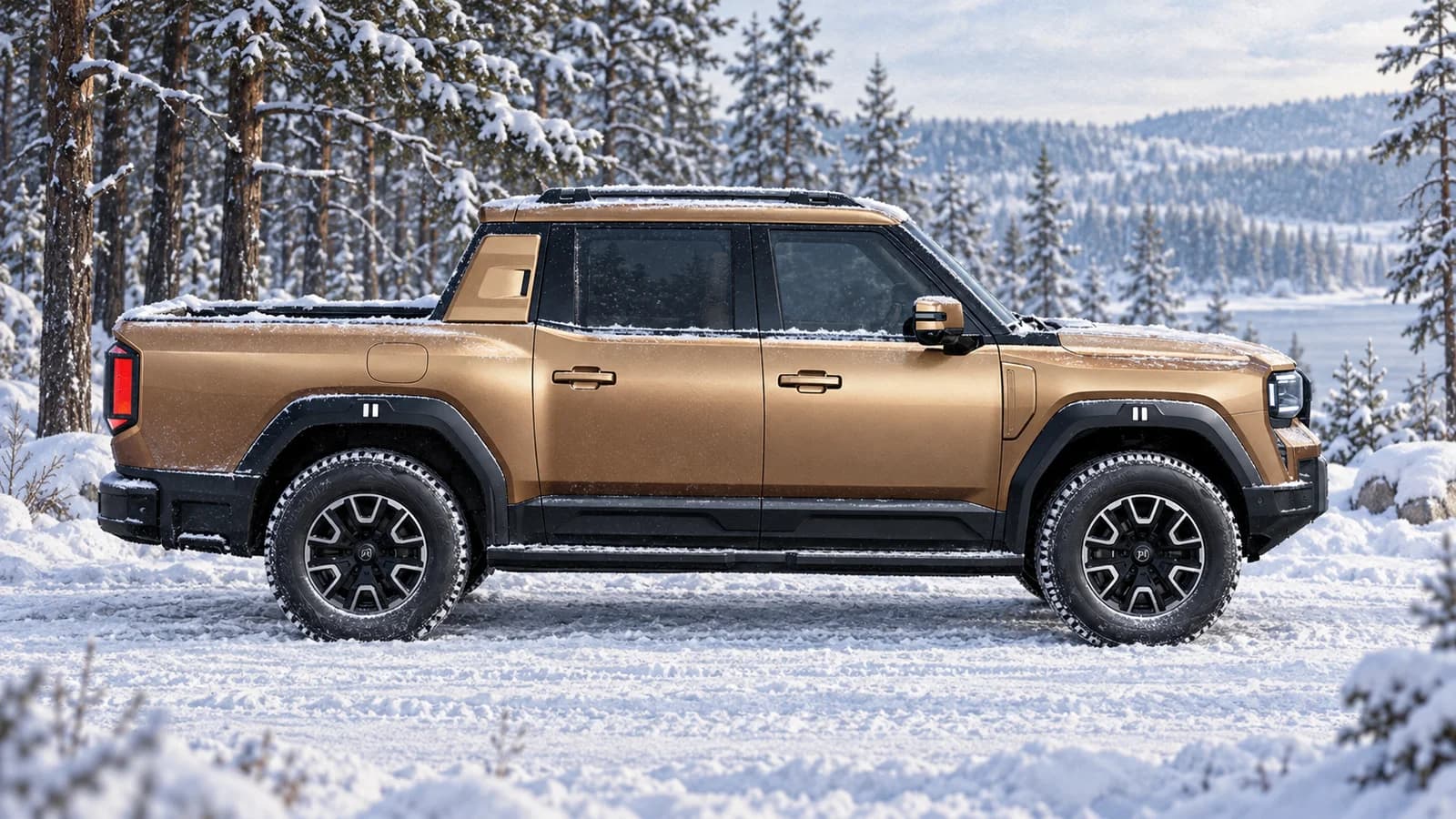 Бронзовый двухосный Jetour F700 с открытой грузовой платформой на заснеженной стоянке