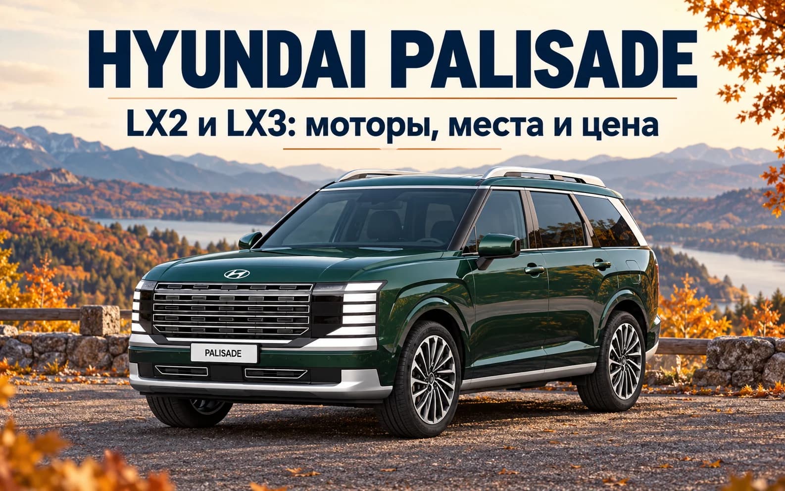 Зелёный Hyundai Palisade LX3 с эмблемой Hyundai на осеннем горном маршруте