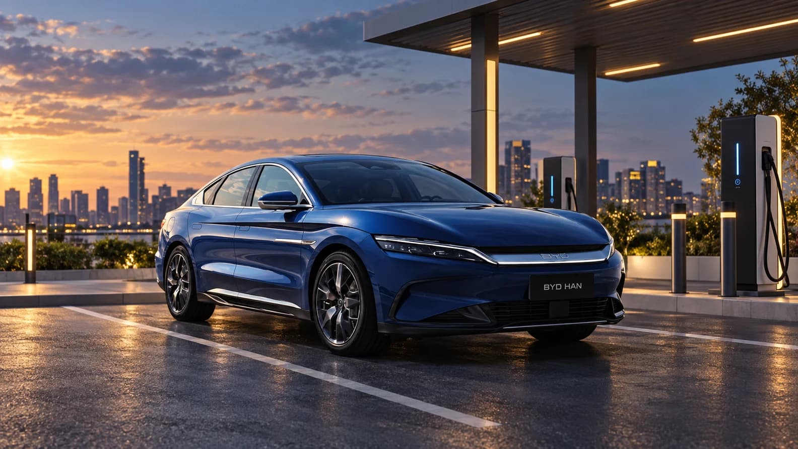 BYD Han у зарядной станции в вечернем городе