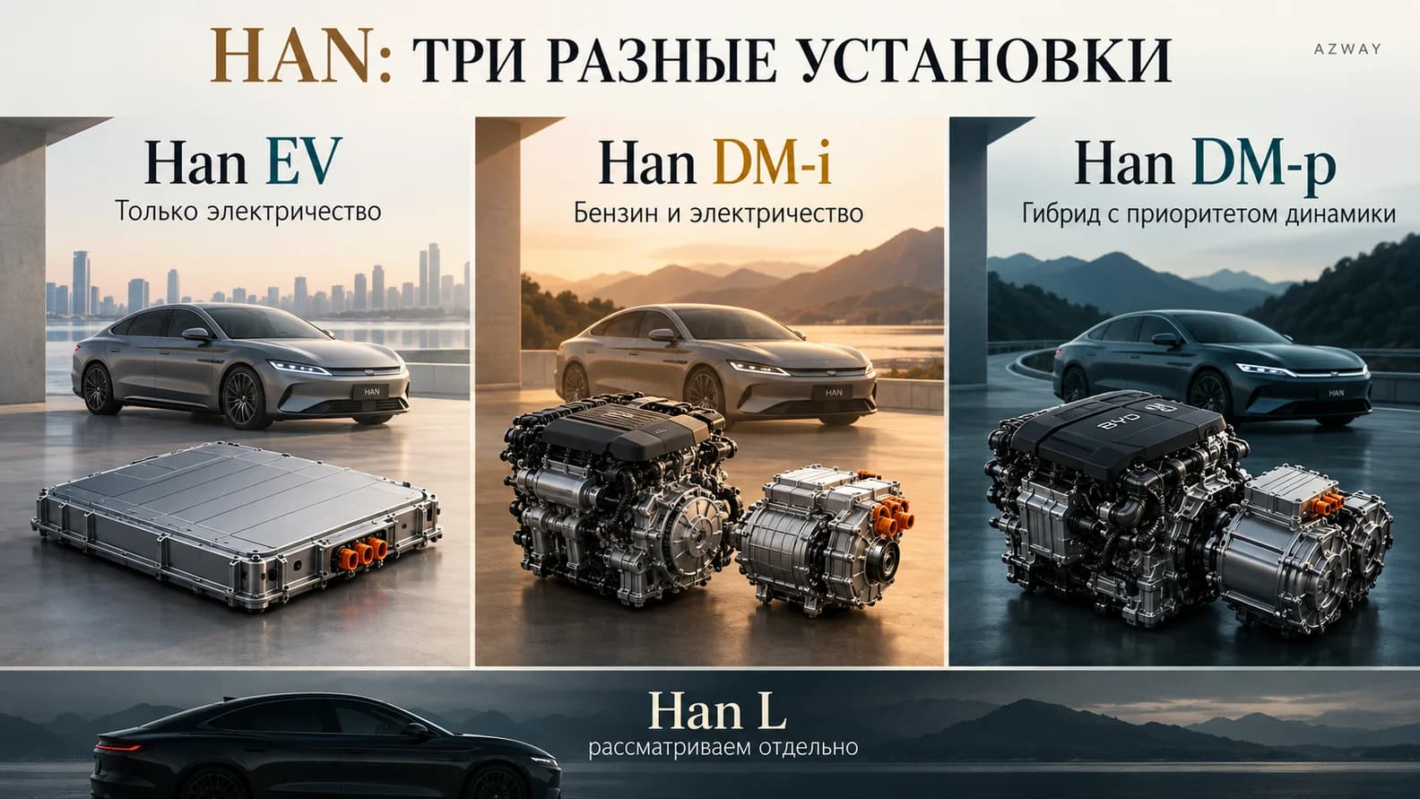 BYD Han EV, DM-i и DM-p: три разных типа установки