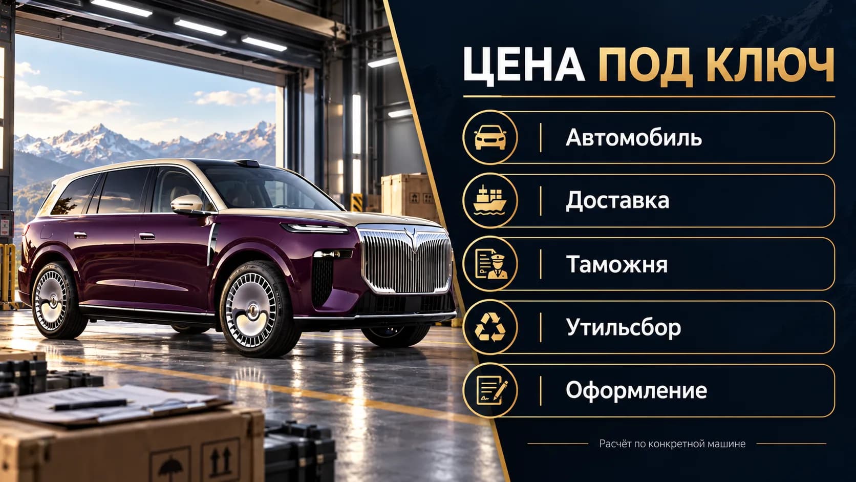 Состав расчёта Voyah Taishan под ключ: автомобиль, доставка, таможня, утильсбор и оформление