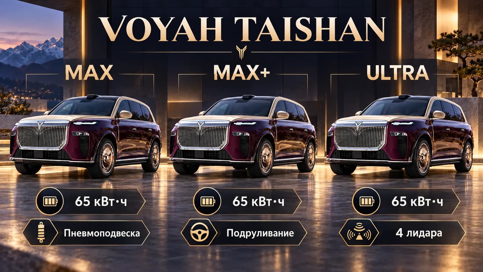 VOYAH Taishan Max, Max+ и Ultra: батарея 65 кВт·ч, пневмоподвеска, подруливание и лидары