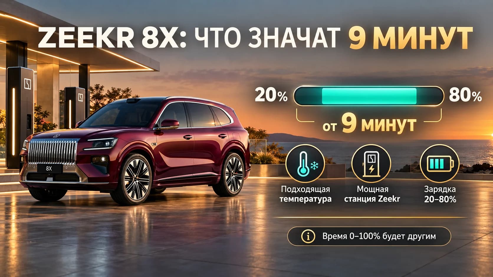 Условия быстрой зарядки Zeekr 8X: с 20 до 80 процентов за девять минут