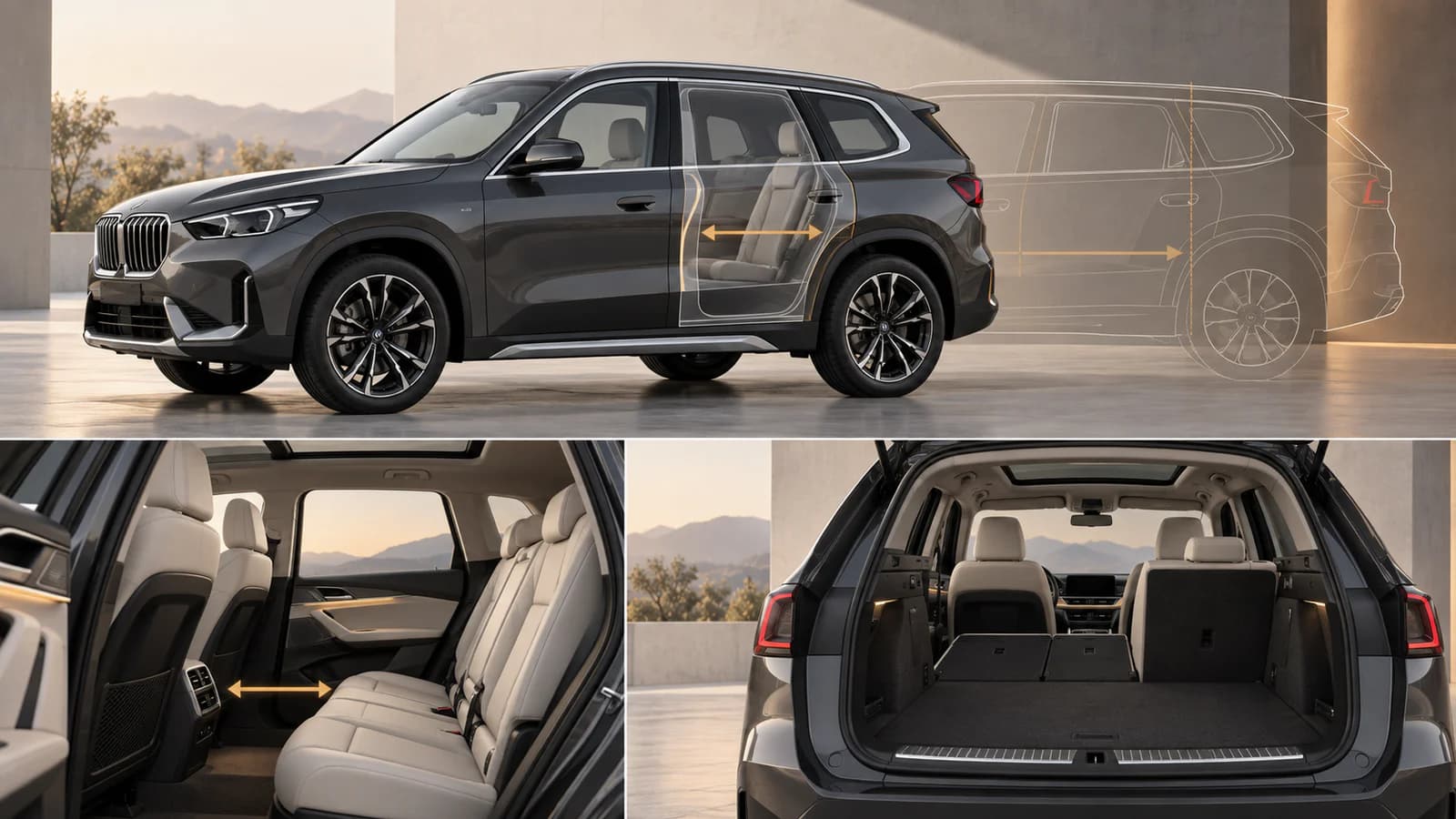 Редакционная схема удлинённого BMW X1 U12 Li с акцентом на второй ряд и багажник