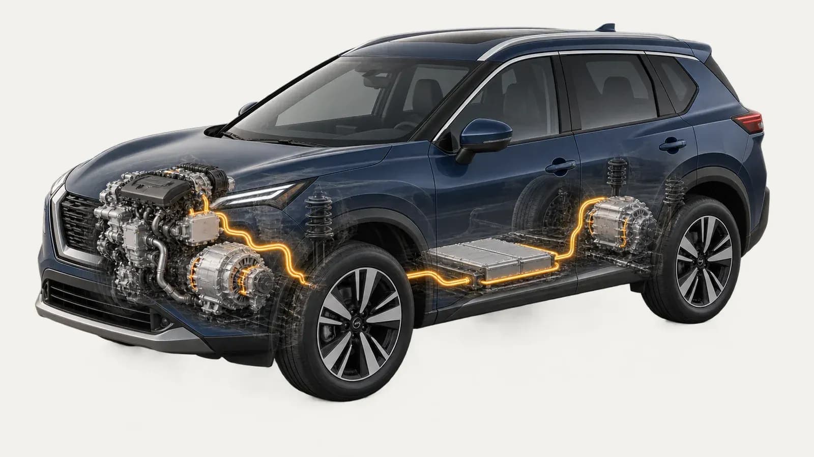 Редакционная схема Nissan X-Trail T33 e-POWER с генератором, батареей и двумя электромоторами