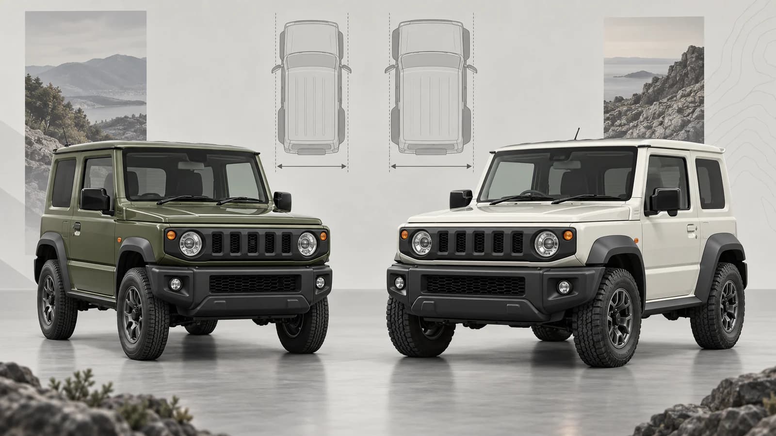 Редакционное сравнение узкого Suzuki Jimny JB64 и более широкого Jimny Sierra JB74