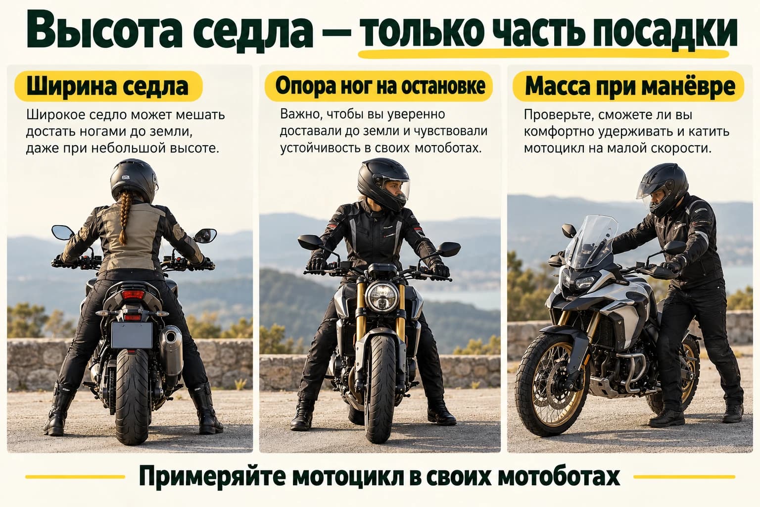 Высота, ширина седла и опора ног