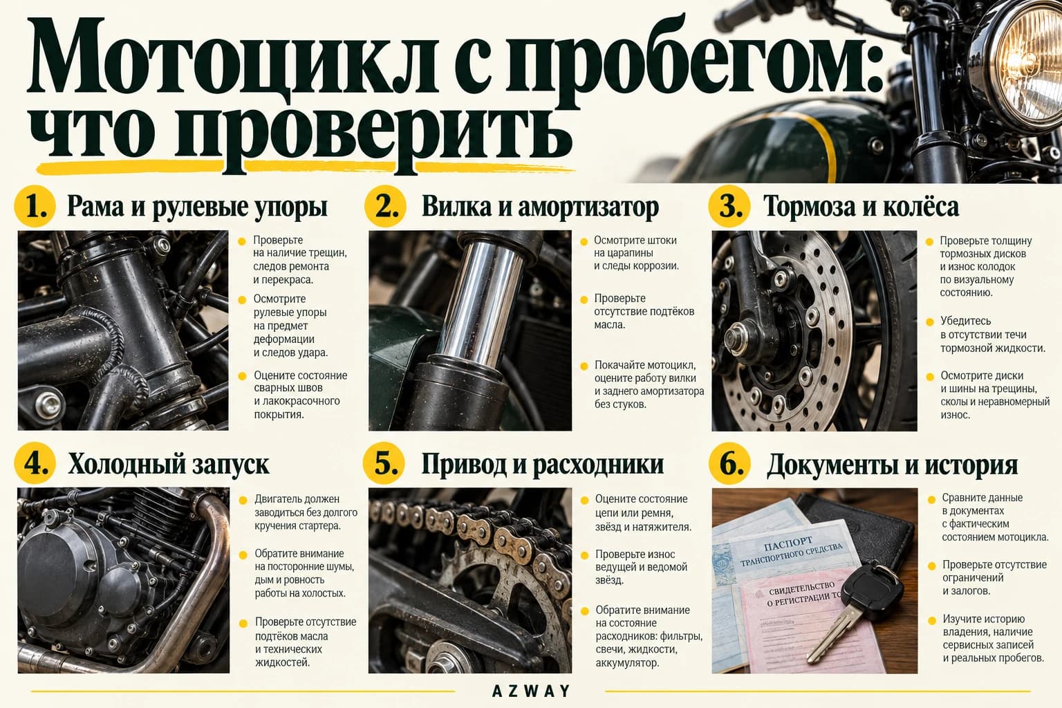 Рама, подвеска, тормоза, двигатель, привод и документы: порядок осмотра
