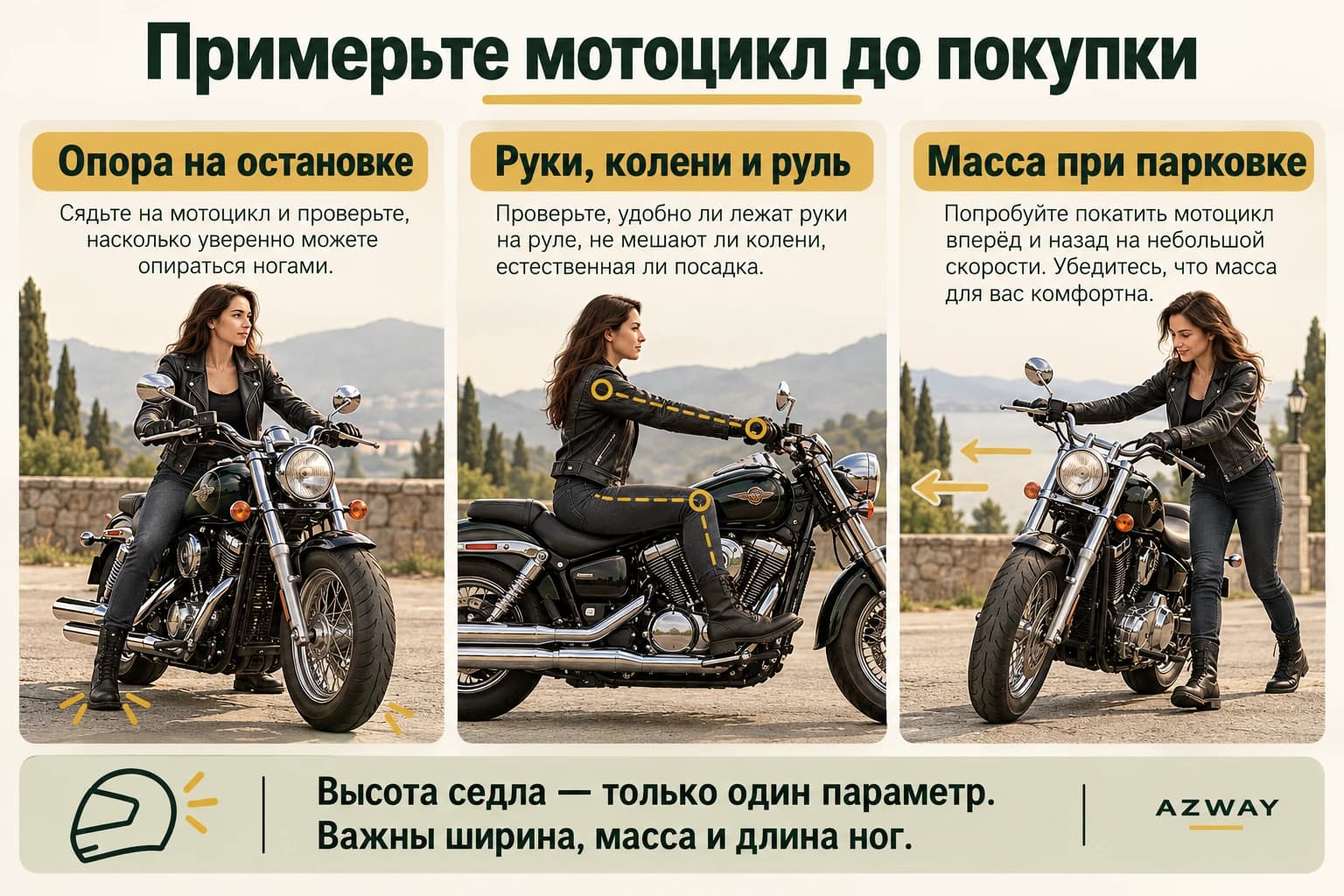 Примерка мотоцикла перед покупкой