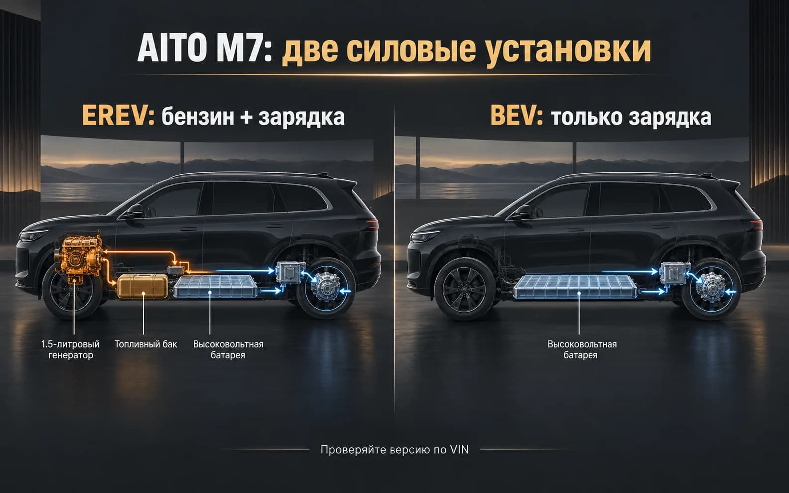 Кириллическая схема различий AITO M7 EREV и BEV