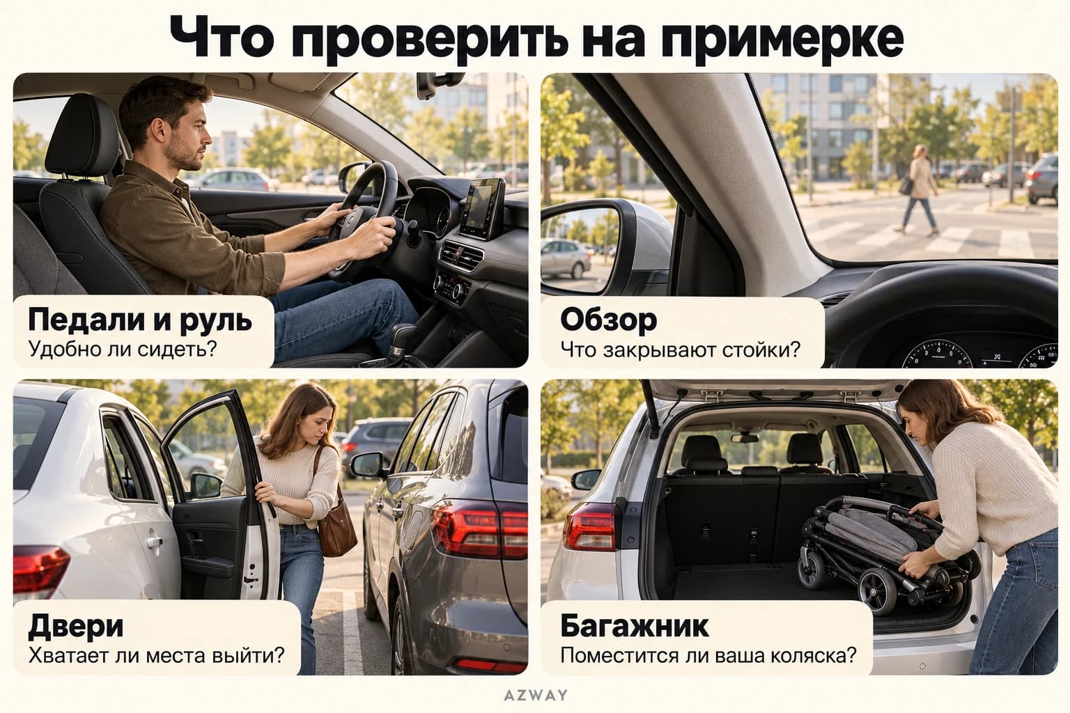 Четыре проверки при примерке автомобиля: педали и руль, обзор, открывание двери, багажник с коляской