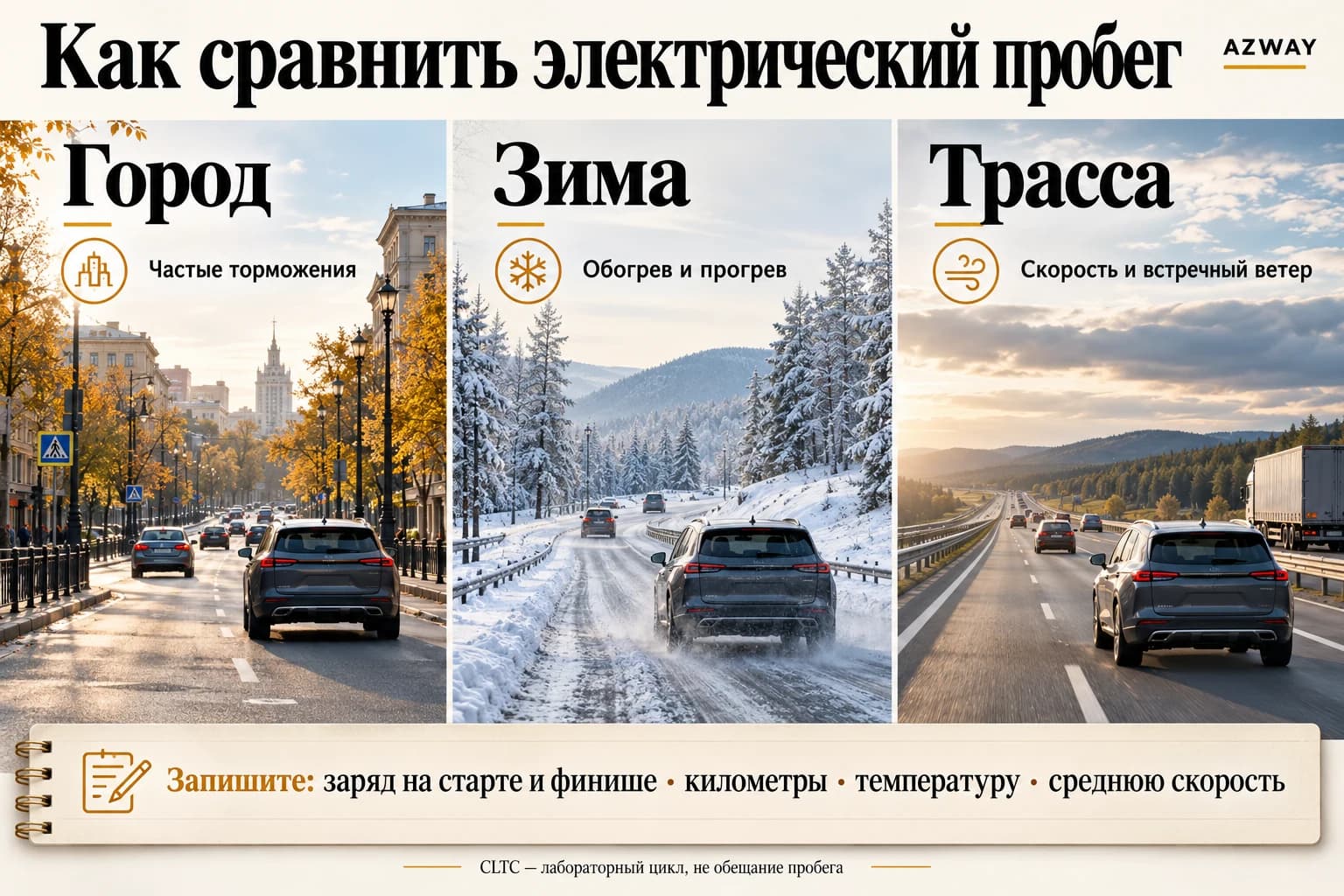 Условия сравнения пробега гибрида: город, зимний обогрев и трассовая скорость