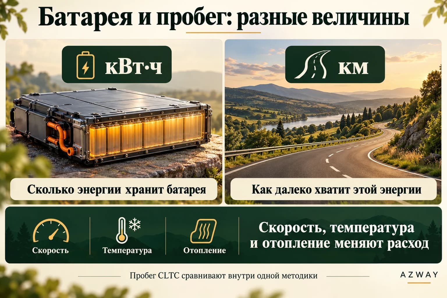 Ёмкость батареи измеряют в киловатт-часах, запас хода в километрах; скорость и температура меняют расход