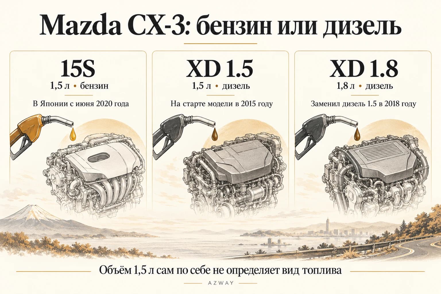Mazda CX-3: бензиновая 15S с июня 2020 года, дизель XD 1.5 с 2015 года и XD 1.8 с 2018 года